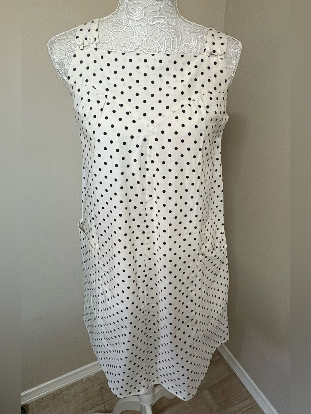 Vintage Alice of California Polka Dot Jumper Dress Linen White Black Pinafore M